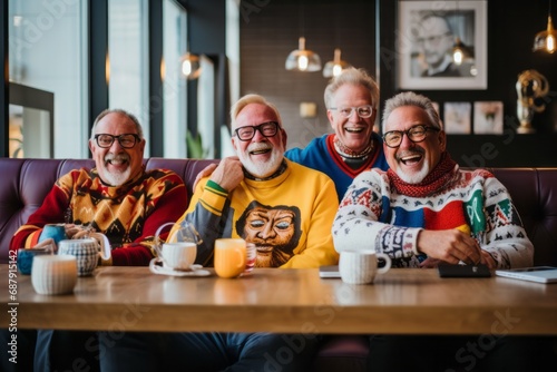 Group of cheerful senior friends in colorful sweaters, sharing laughter at a cafe table, embodying warmth and camaraderie