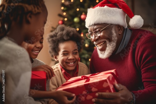 Joyful grandfather in Santa hat shares a Christmas gift moment with gleeful kids. Their laughter and happiness light up the festive atmosphere