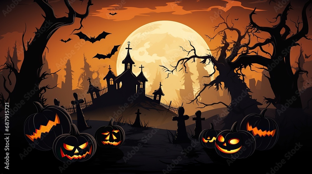 Background Of Lanterns In A Cemetery In A Spooky Night With Halloween. Halloween orange with pumpkin bats