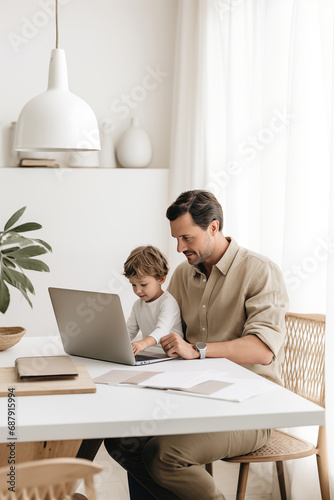 Man working remotely at home with his son. Father using laptop with his child, home office, online education