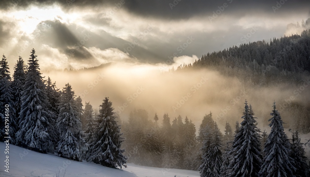 wallpaper picture of a snowy and foggy forest; winter scenery in the mountains during sunrise with sun rays shining through clouds illuminating trees at dawn wallpaper picture of a snowy and foggy forest; winter scenery in the mountains during sunrise with sun rays shining through clouds illuminating trees at dawn