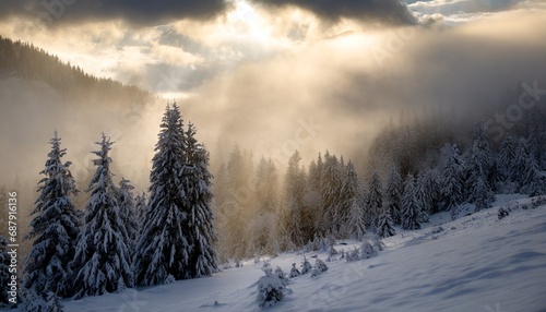 wallpaper picture of a snowy and foggy forest  winter scenery in the mountains during sunrise with sun rays shining through clouds illuminating trees at dawn © RAYNAN