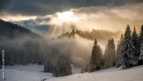 wallpaper picture of a snowy and foggy forest; winter scenery in the mountains during sunrise with sun rays shining through clouds illuminating trees at dawn
