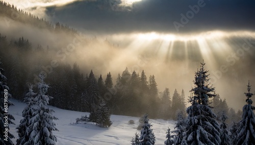 wallpaper picture of a snowy and foggy forest; winter scenery in the mountains during sunrise with sun rays shining through clouds illuminating trees at dawn