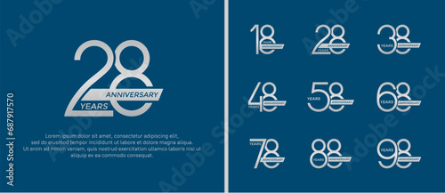 set of anniversary logo silver color and ribbon on blue background for celebration moment