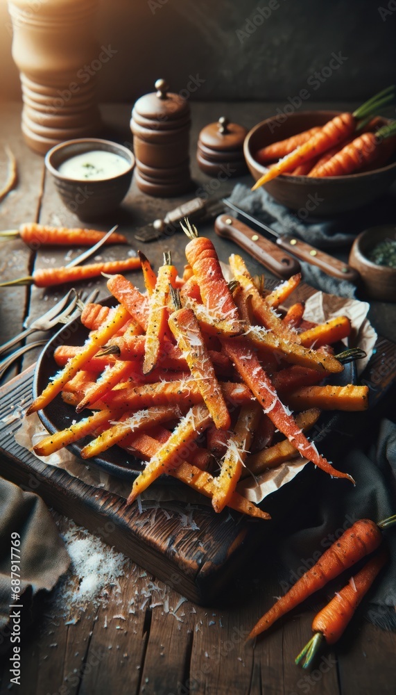Parmesan Roasted Carrot Fries in Rustic Vintage Mood with Soft Focus
