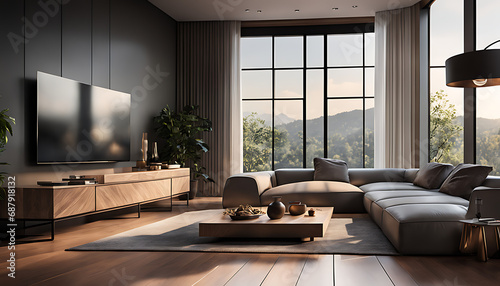 a modern living room with a stylish couch, coffee table, and large windows. The room features wood flooring and a contemporary design aesthetic.