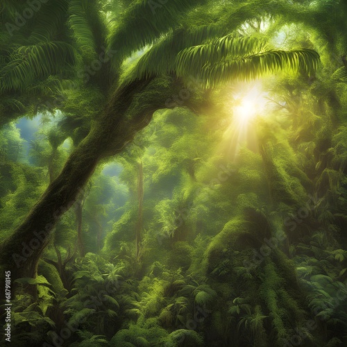 Radiant Rainforest Canopy Rainforest Canopy Illuminated Radiant Sunlight Streaming Dense Foliage