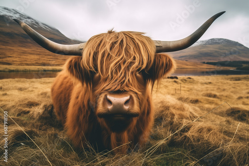 scottish brown cow with long hair photo