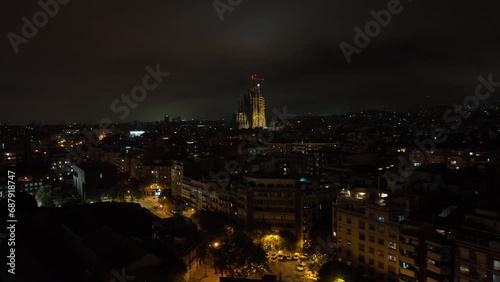 Wallpaper Mural night illumination flight over barcelona city famous cathedral aerial panorama 4k spain Torontodigital.ca