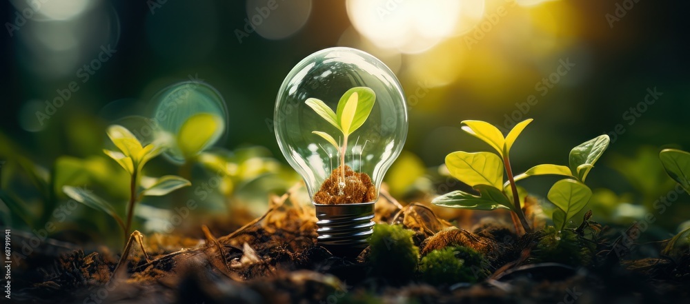 Green energy saving concept. electric lightbulb contains green plant with sunlight. - obrazy, fototapety, plakaty 