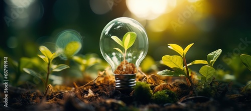 Green energy saving concept. electric lightbulb contains green plant with sunlight. photo