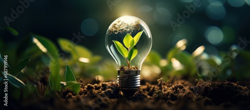 electric lightbulb contains green plant with sunlight. photo