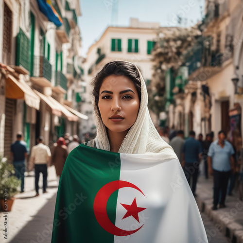 Algerian woman draped in Algeria flag in Alger street