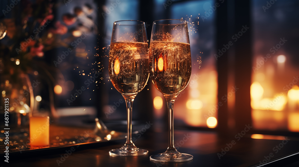 Two glasses of champagne on the table with Bengali fireworks inside, in the restaurant Two glasses of champagne on the table with Bengali fireworks inside, in the restaurant