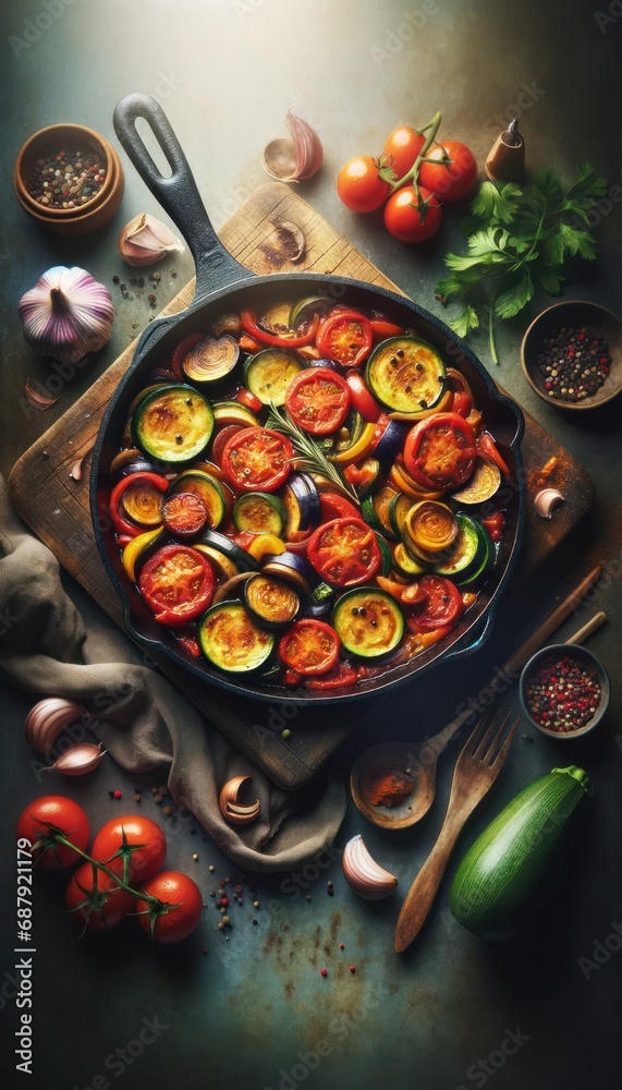 Homemade Ratatouille Skillet in Rustic Vintage Mood with Soft Focus