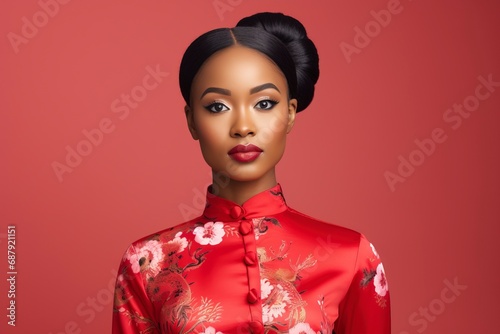 Young African beauty woman wearing cheongsam, one color background, copy space . generative ai © Nia™