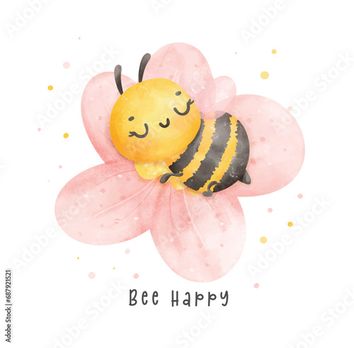 Cute baby honey bee sleeping in flower watercolor cartoon character hand painting illustration vector. Bee Happy
