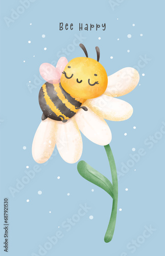 Cute baby honey bee sleeping in flower watercolor cartoon character hand painting illustration vector. Bee Happy