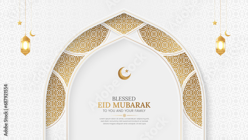 Eid Mubarak Islamic decorative arch background with Arabic pattern and lanterns