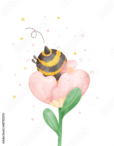 Cute baby honey bee with flower watercolor cartoon character hand painting illustration vector.