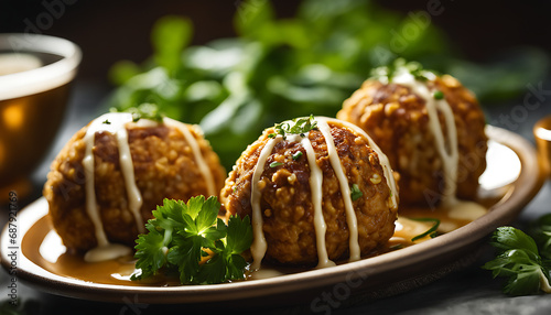 golden falafel balls, drizzled with creamy tahini sauce and topped with fresh herbs and vegetables