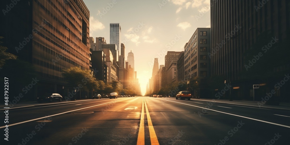 Dawn in the City: Straight Endless Road in Early Morning New York. Generative ai - obrazy, fototapety, plakaty 