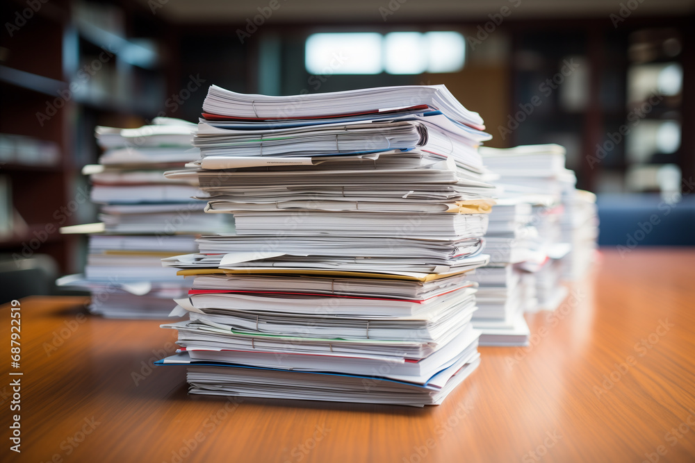 Paperwork, stacks business papers in office