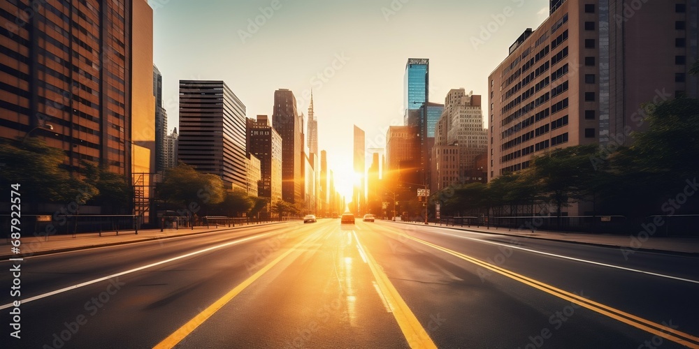 Obraz premium Dawn in the City: Straight Endless Road in Early Morning New York. Generative ai