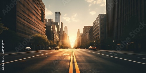 Dawn in the City: Straight Endless Road in Early Morning New York. Generative ai photo