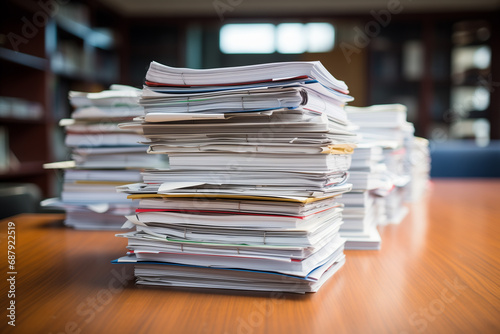 Paperwork, stacks business papers in office