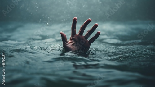 Struggle for Survival: Hand Emerging from Water. Generative ai photo