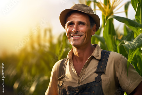 Smiling farmer man in a field. Agriculture. Cornfield.