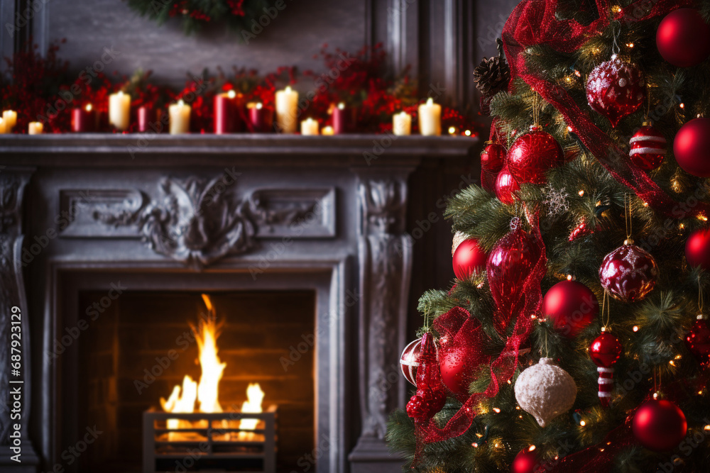 Red Christmas tree and fireplace decoration, Merry Christmas and Happy New year, red and white Christmas decor design, Christmas background