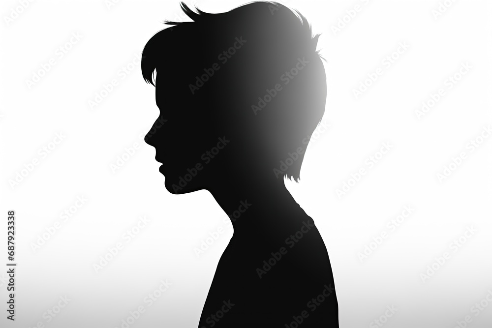 A black and grey silhouette on a white background, isolated. Forward facing. Half face. Shadow figure. Side-drawn. Dark sideways silhouette of a woman. Female shadow-figure. In profile