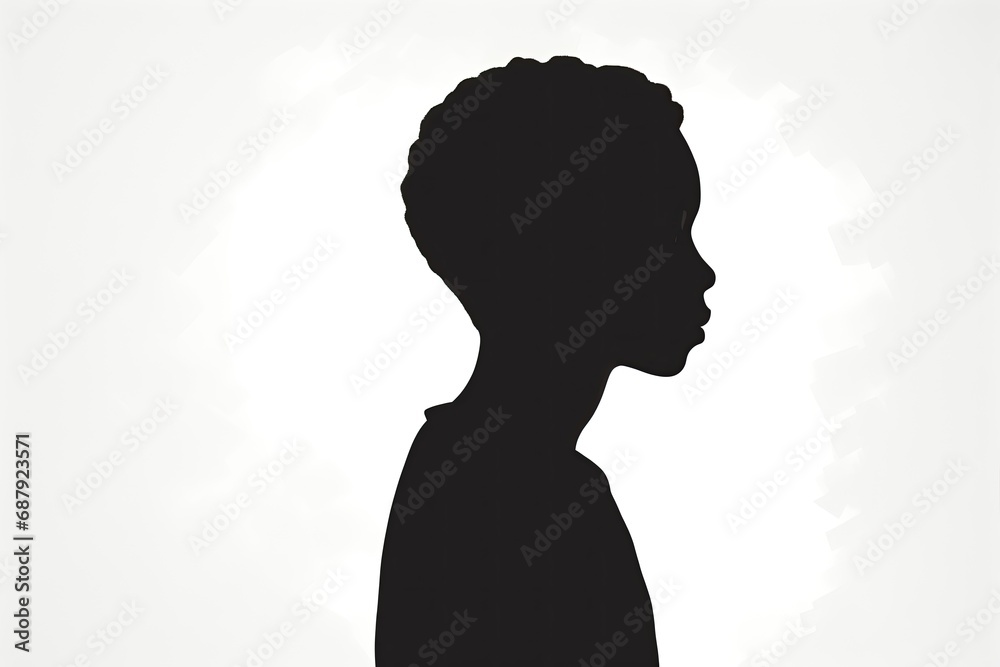 A black and grey silhouette on a white background, isolated. Forward facing. Half face. Shadow figure. Side-drawn. Dark sideways silhouette of a kid. Male shadow-figure. In profile. Boy, child