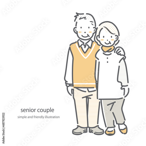60代、70代　笑顔のシニア夫婦　シンプルでお洒落な線画イラスト