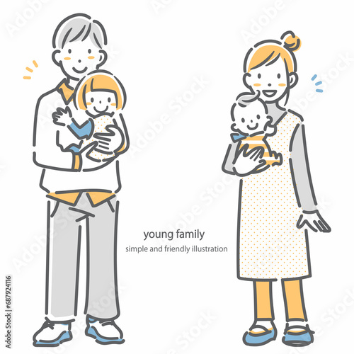 子供2人の若い夫婦家族　シンプルでお洒落な線画イラスト　 © fumi