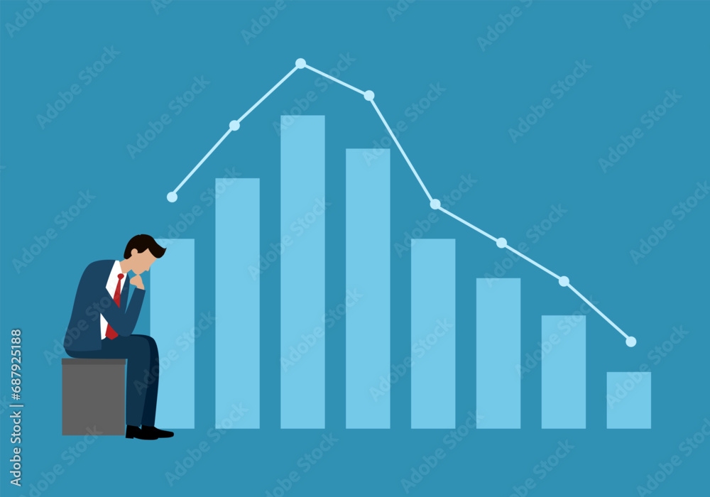 Sad businessman sitting with falling business graph on the blue background. Sad businessman sitting with falling business graph on the blue background.