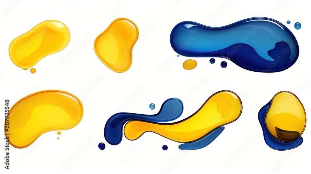 set of Navy Blue and Mustard Yellow color liquid 3d shapes, floating paint drops with gradient.