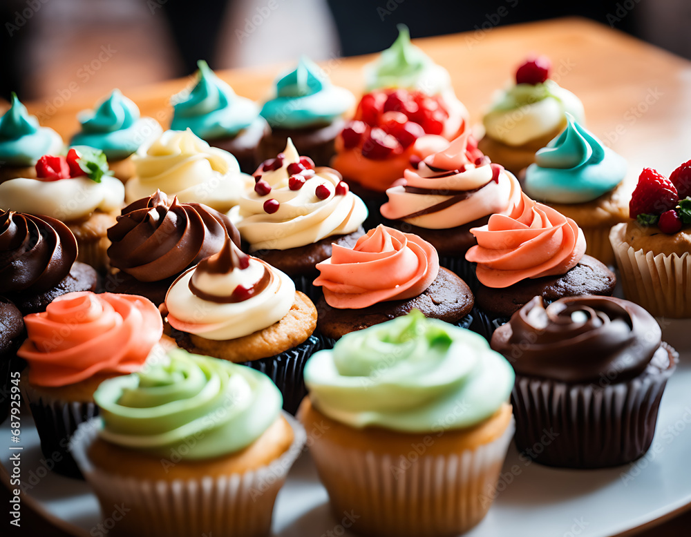 A dozen cupcakes lined up neatly display varied frosting colors and patterns alongside toppings, prepared attractively on a clean table and ready to be served