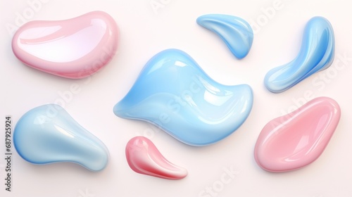 set of Powder Blue and Blush Pink color liquid 3d shapes, floating paint drops with gradient.