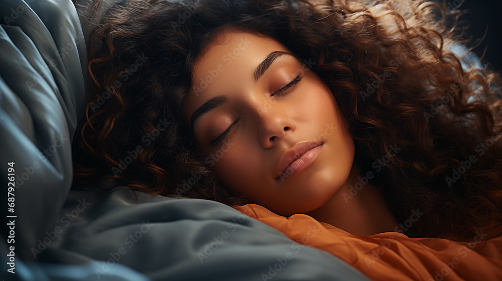 Beautiful young African-American woman sleeping in bed at home. Beautiful young African-American woman sleeping in bed at home.