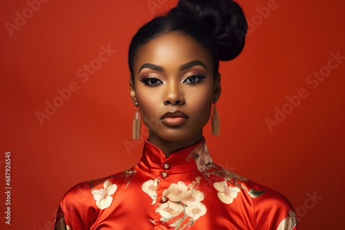 Young African beauty woman wearing cheongsam, one color background, copy space . generative ai