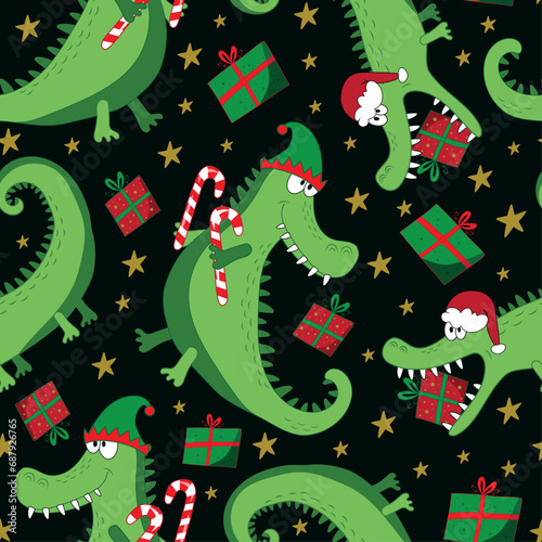 Chritmas alligator, crocodile seamless pattern. Cartoon funny alligator in Santa hat and with gift box and cany cane. Good for textile print, cover, wrapping and wallpaper design. photo