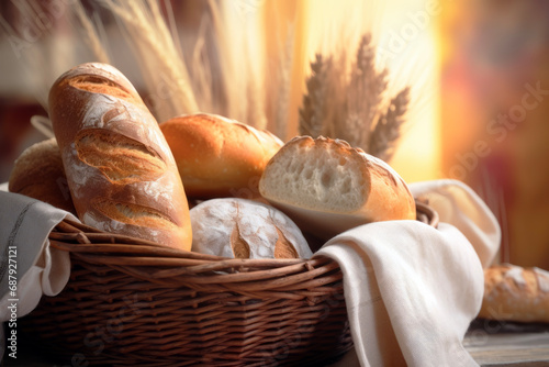 variety of bread in a basket on marble table in background of restaurant or bakery. Breakfast concept of light food and habit.