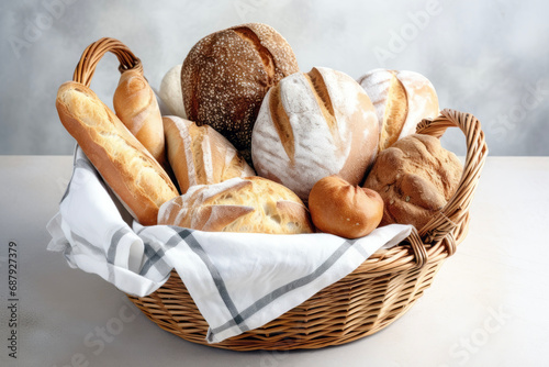variety of bread in a basket on marble table in background of restaurant or bakery. Breakfast concept of light food and habit. photo