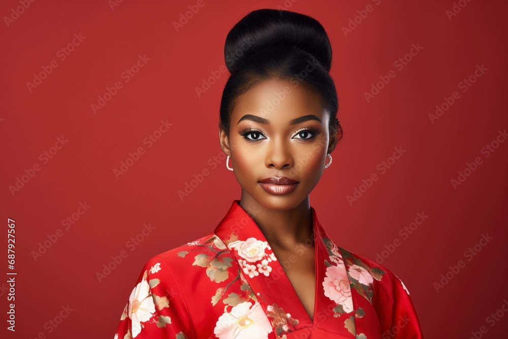 Young African beauty woman wearing cheongsam, one color background, copy space . generative ai Young African beauty woman wearing cheongsam, one color background, copy space . generative ai