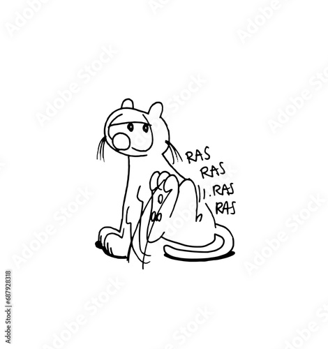 Black and white cartoon of cute cat scratching. Hand drawn style for pet, humor and animal behavior concepts isolated on white.