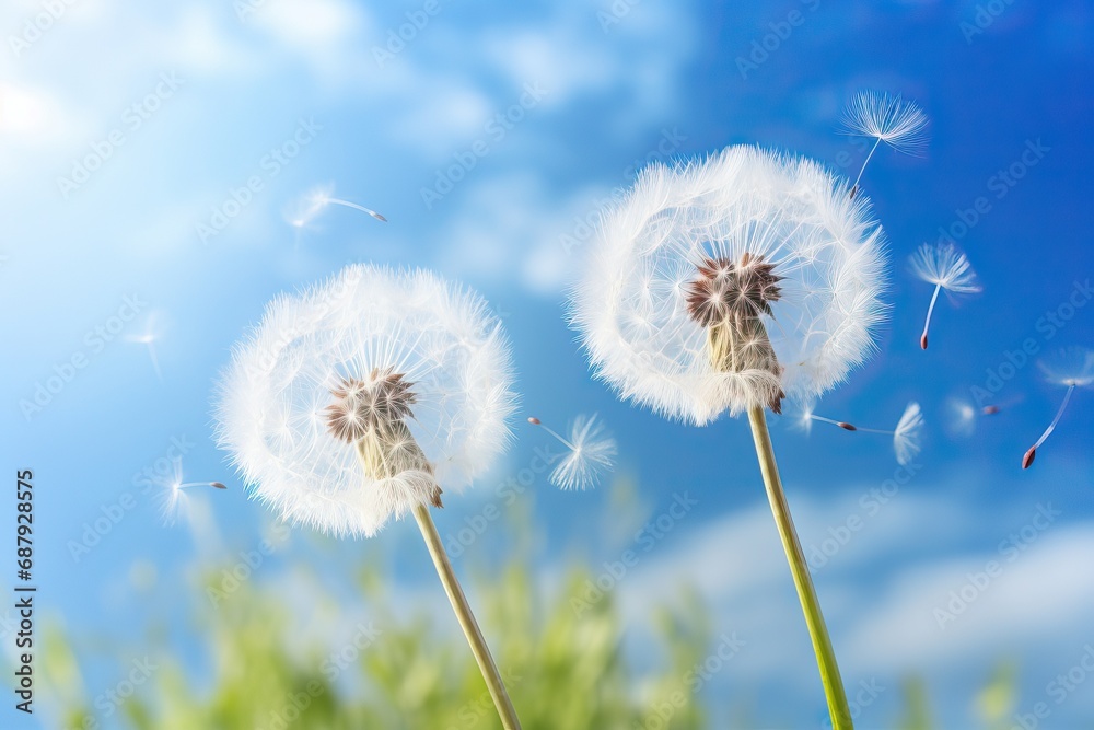White heads of dandelions, from which umbrellas of dandelion seeds fly away against the background of a bright blue sky